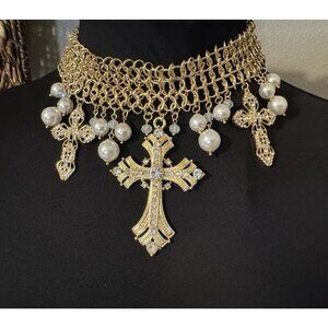 Women's Statement Necklace Cross Rhinestones Faux Pearls Goldtone NEW